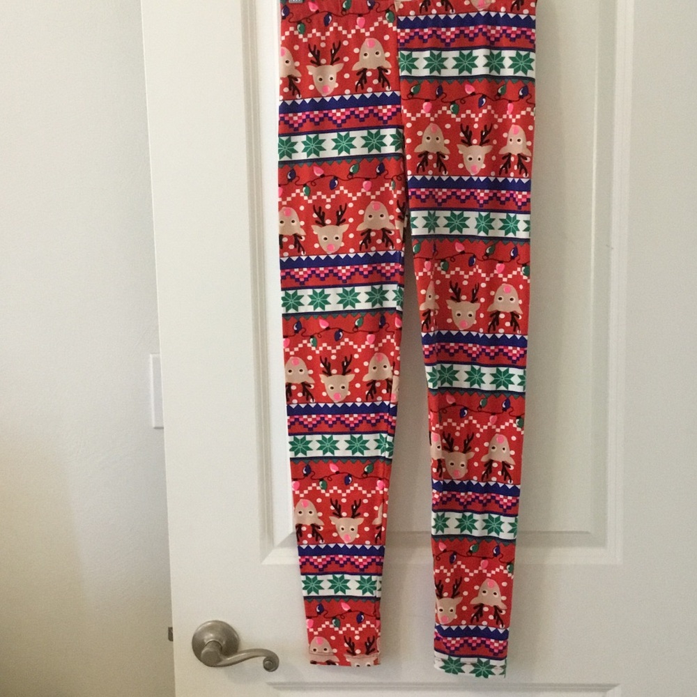 Planet Gold Festive Reindeer Leggings - Red and Green Sz M